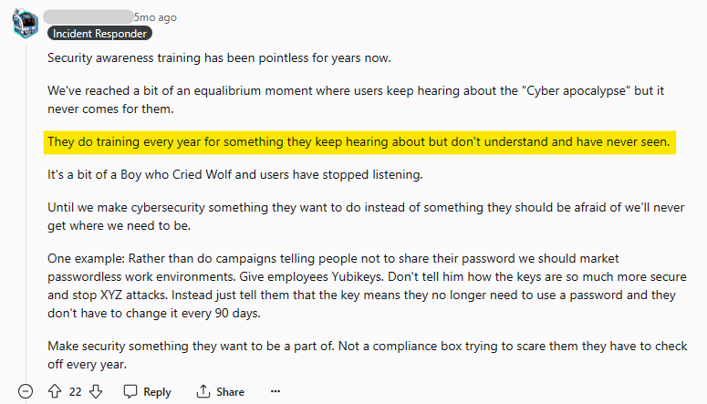 Reddit post about security awareness training 