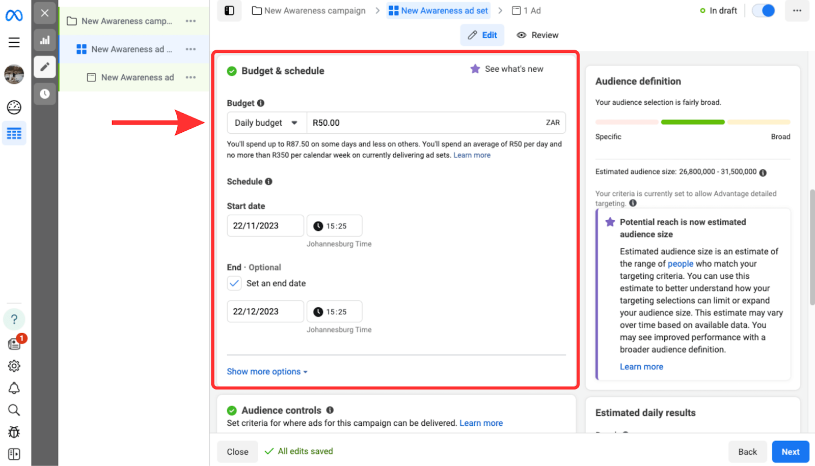 Screenshot showing how to advertise on Facebook with Facebook Ads Manager