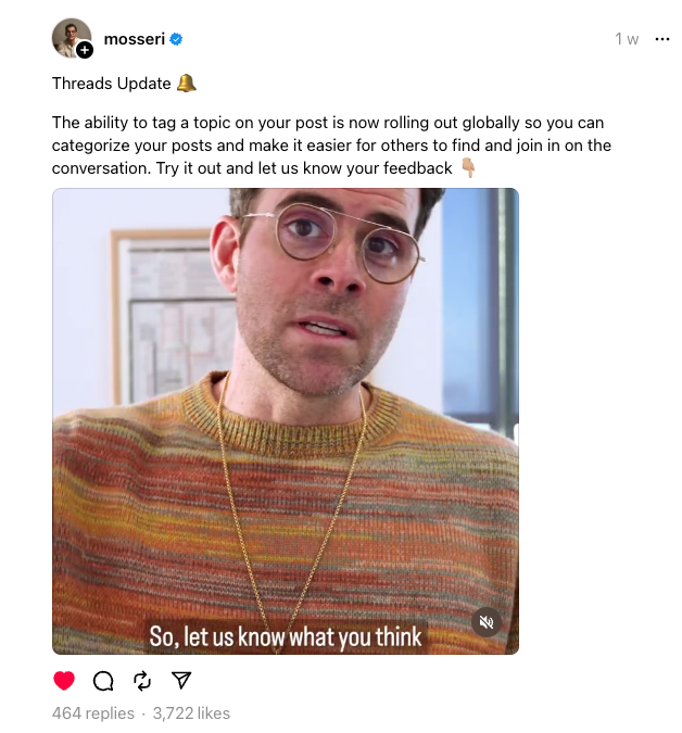 A screenshot of a thread and video posted by Instagram CEO, Adam Mosseri.